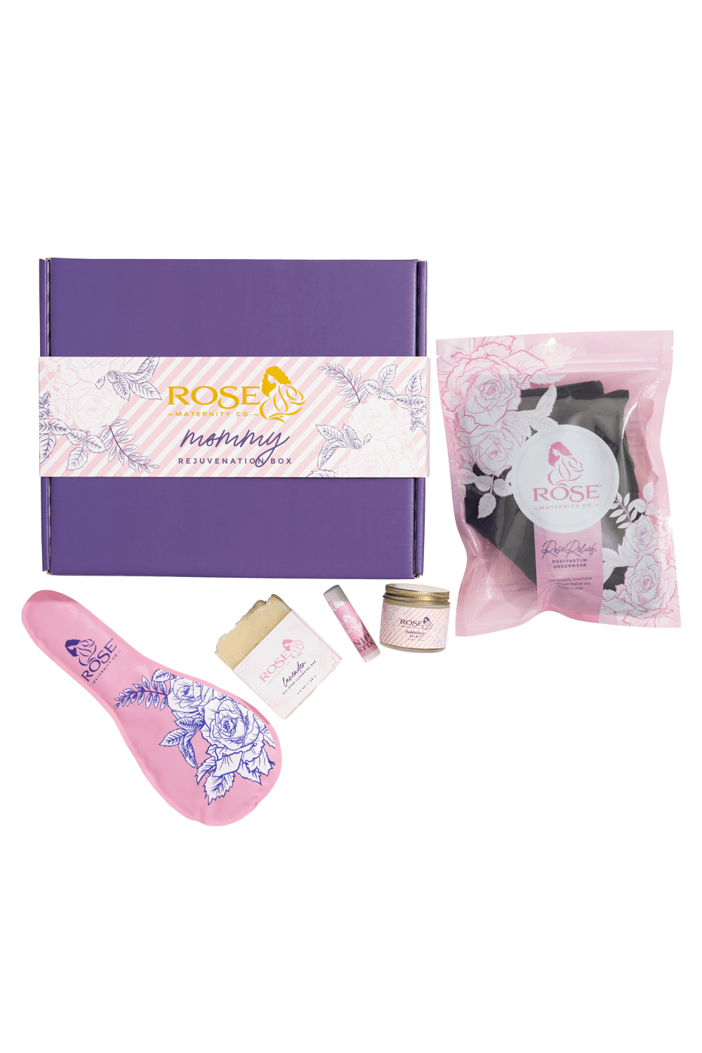 Product image of the Mommy Rejuvenation Box by Rose Maternity Co. showing postpartum self care essentials arranged inside the box.