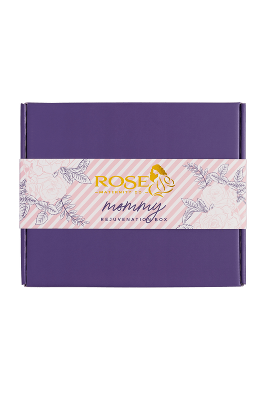 Top down product image of the Mommy Rejuvenation Box packaging by Rose Maternity Co. for postpartum self care.