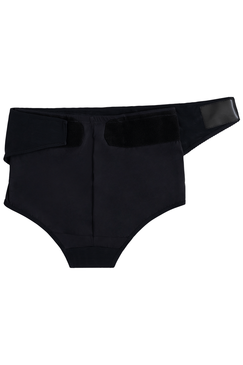 Posterior view of RoseRelief™ Postpartum Recovery Undergarment showing the adjustable wrap closure with the right side unfastened.