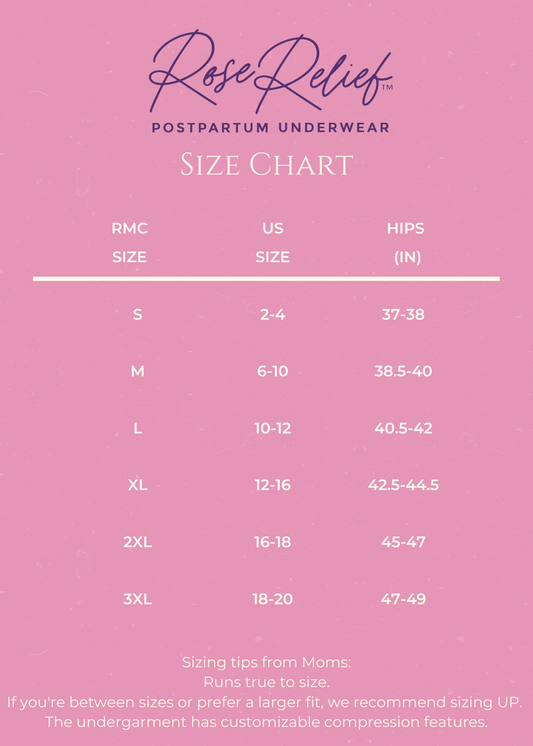 Size chart for RoseRelief™ Postpartum Recovery Undergarment showing measurements to help select the correct fit.