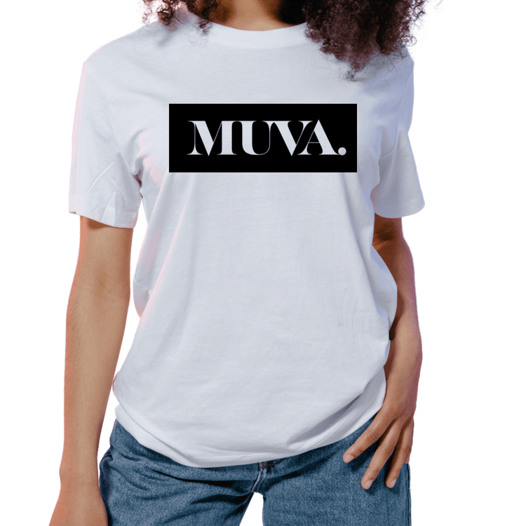 Lifestyle image of a woman wearing a white MUVA graphic T shirt by Rose Maternity Co.