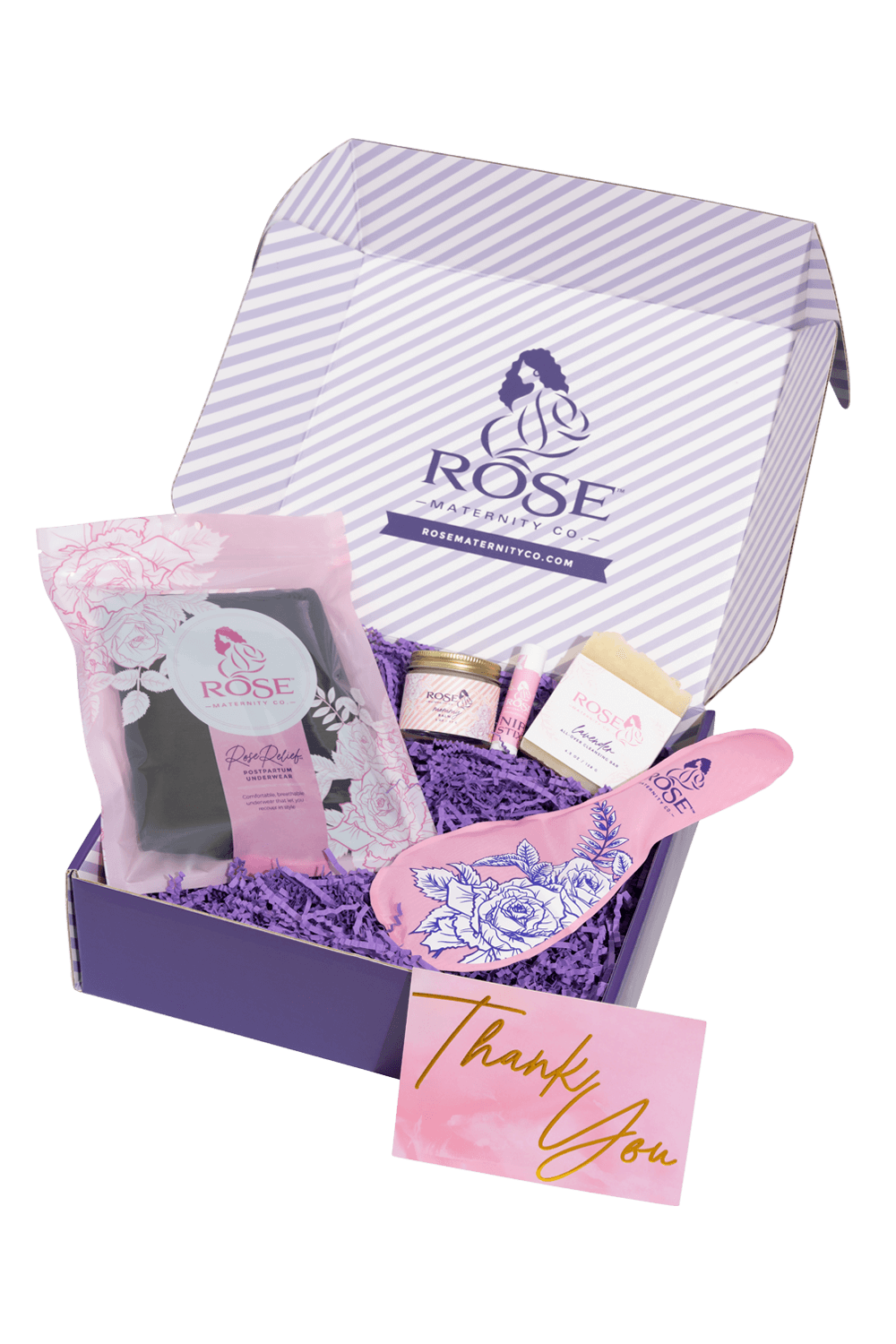 Product image of the Mommy Rejuvenation Box by Rose Maternity Co. featuring postpartum recovery underwear, a reusable ice and heat pack, and cleansing products.