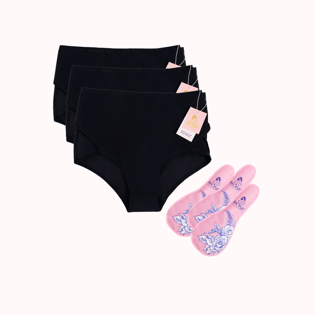 Product image of a postpartum recovery saver set including recovery underwear and an ice and heat pack.