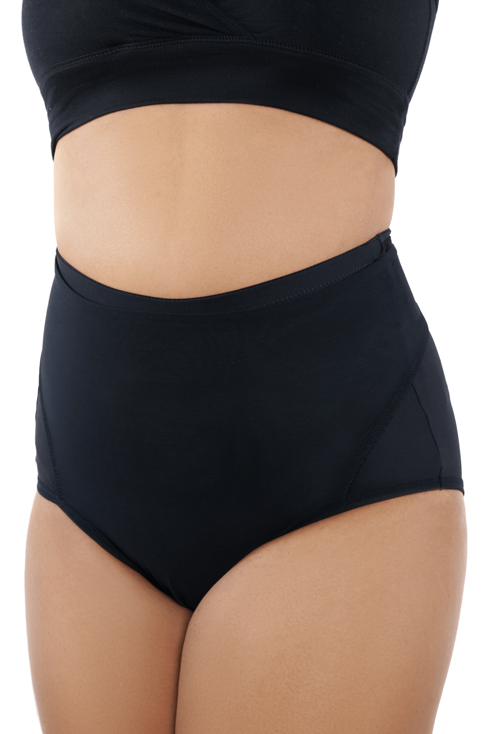 Black postpartum underwear with adjustable belly wrap