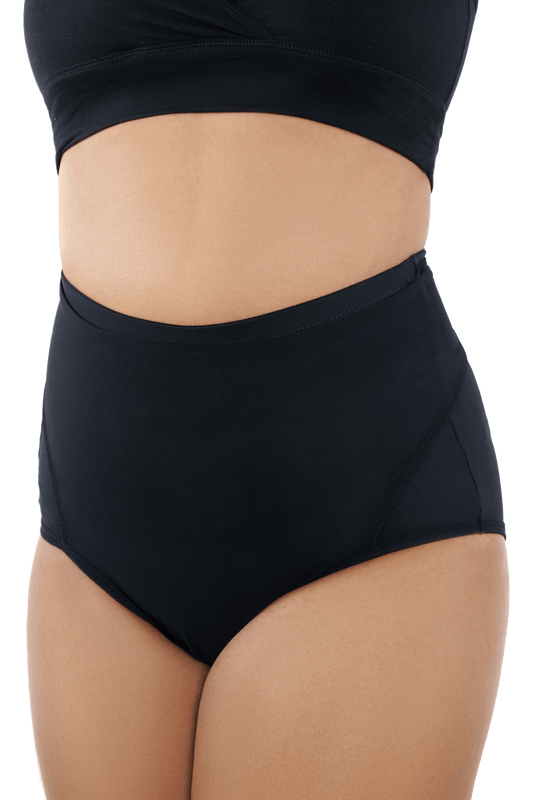 Black postpartum underwear with adjustable belly wrap