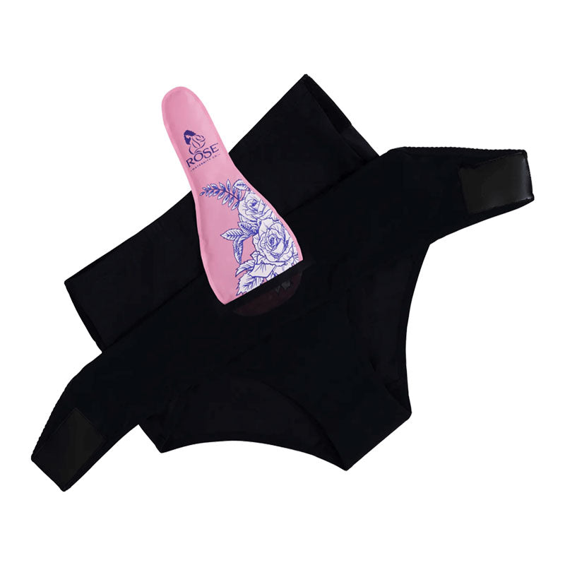 Product image of RoseRelief™ Postpartum Recovery Undergarment showing both sides of the adjustable wrap with the SoothingPetals™ Ice and Heat Pack inserted into the front panel.