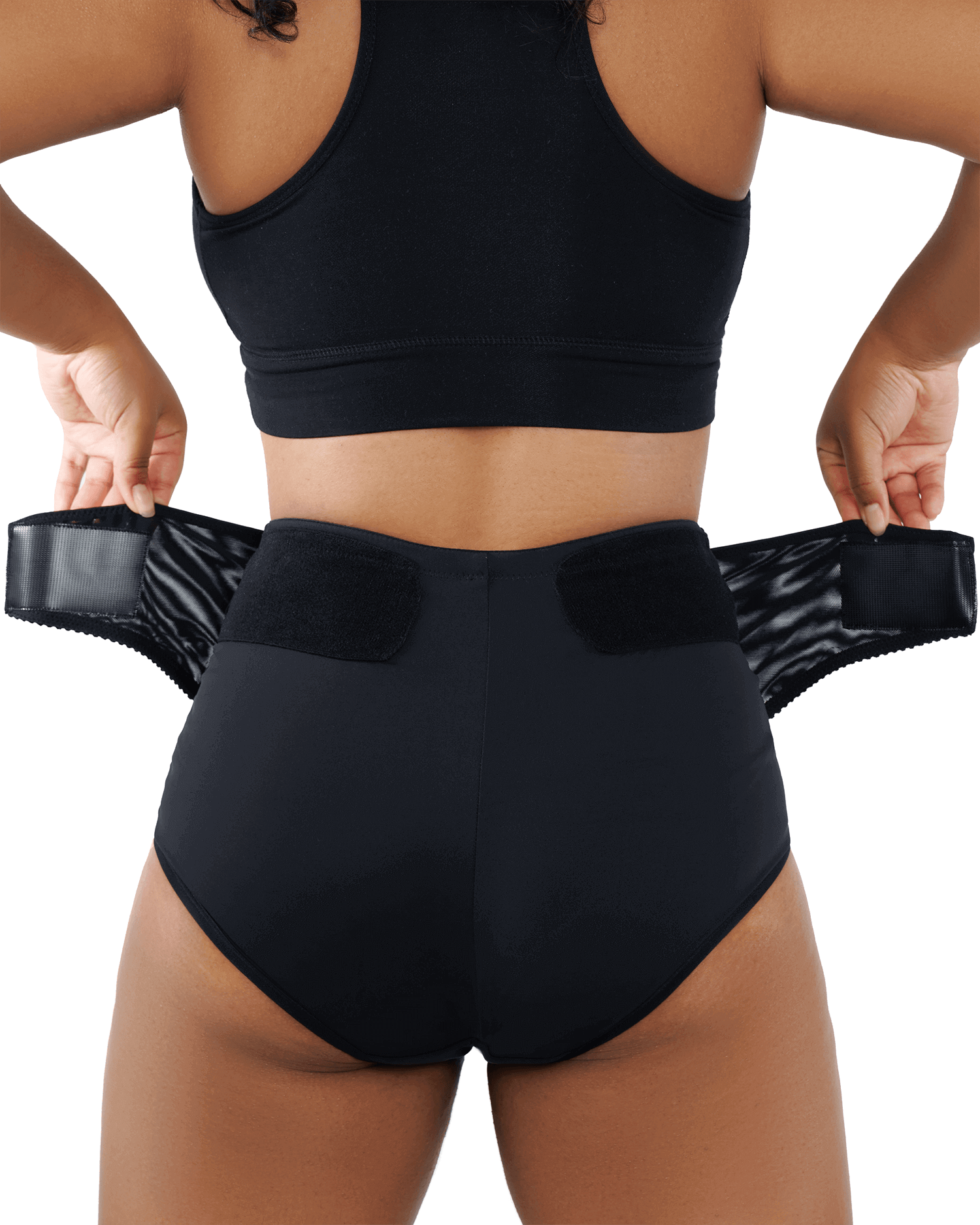 Posterior view of RoseRelief™ Postpartum Recovery Undergarment showing the adjustable belly wrap for supportive, customizable postpartum recovery.