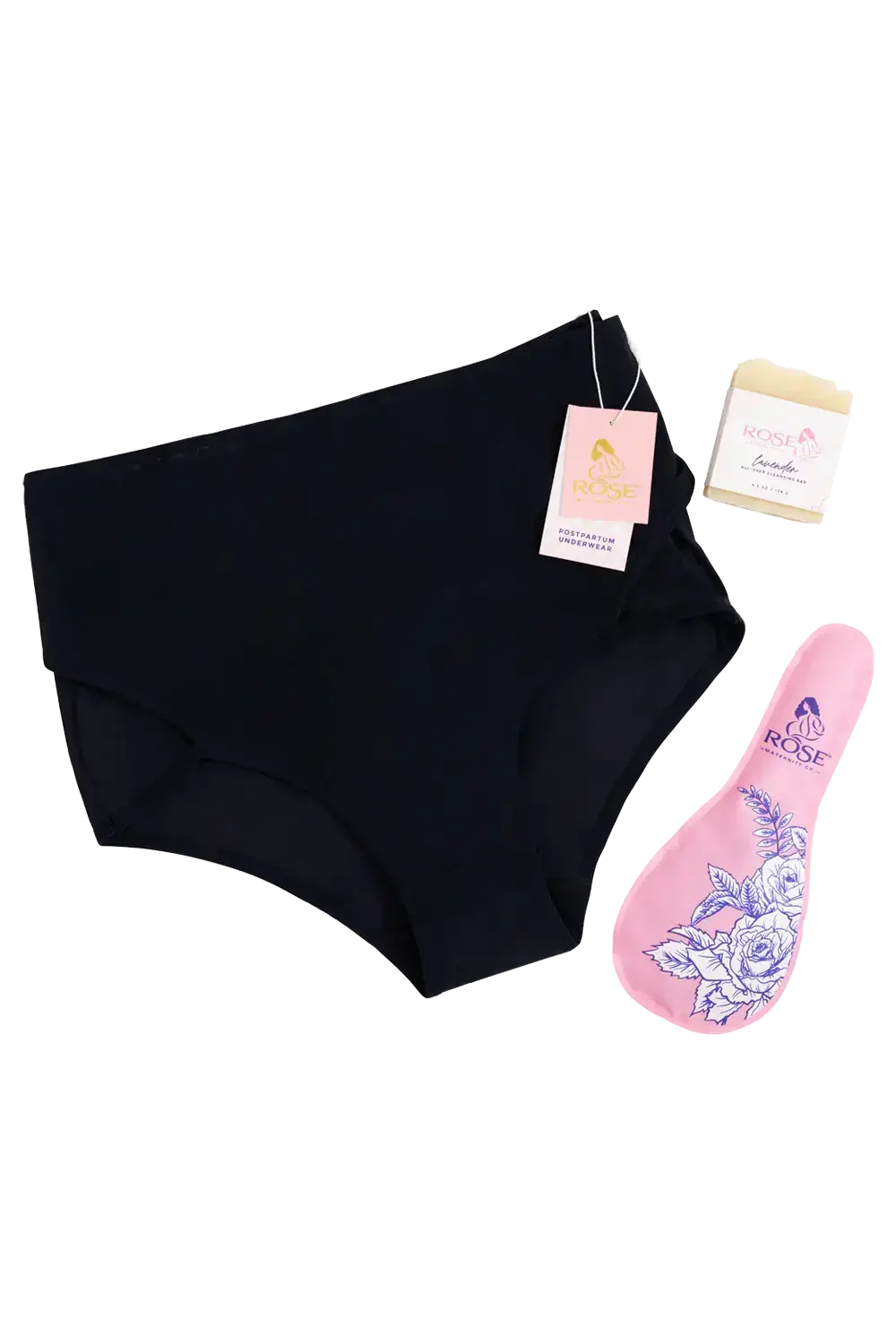 Product image of the RoseRelief™ Postpartum Recovery Set including recovery underwear, the SoothingPetals™ reusable ice and heat pack, and a bar of soap with packaging visible for postpartum care.