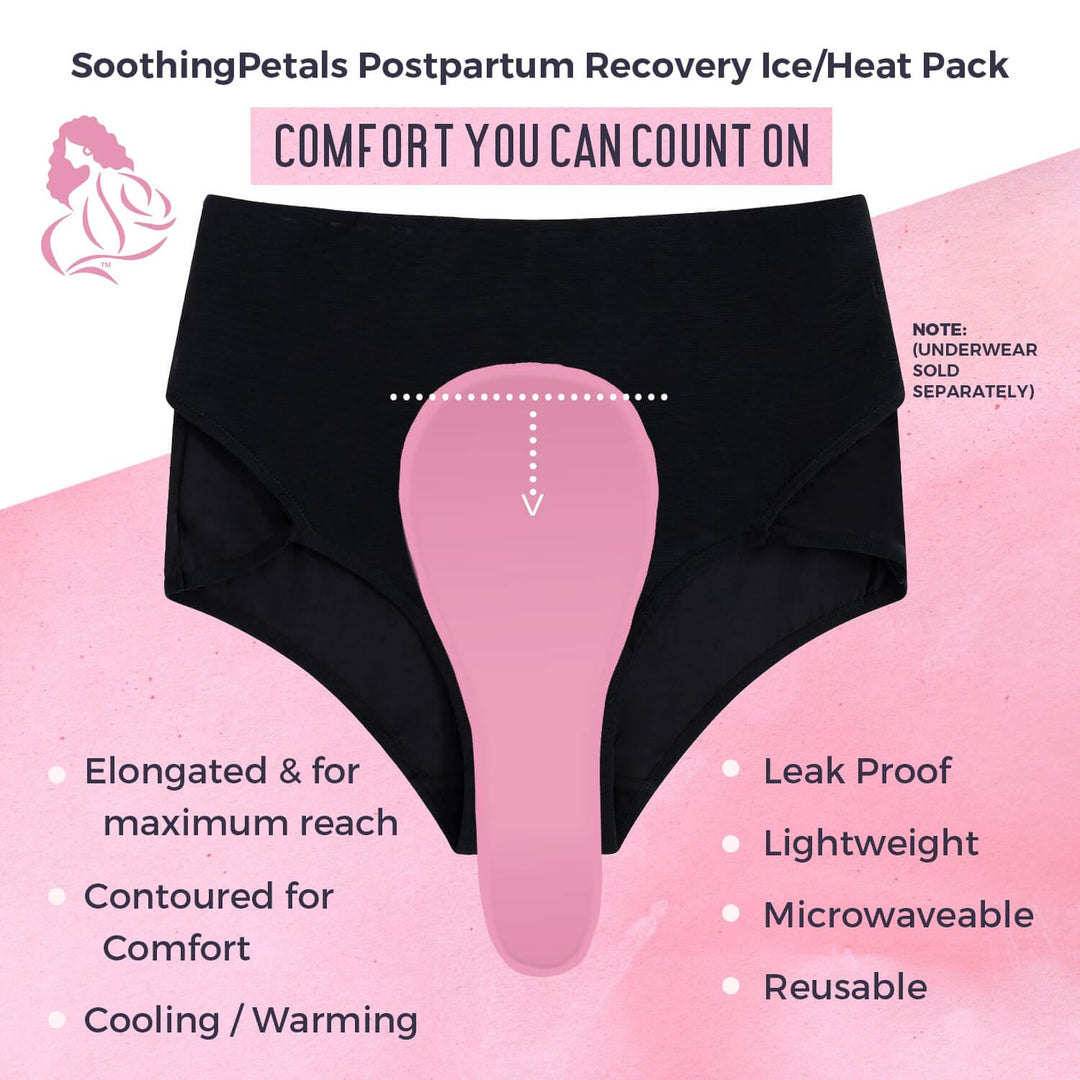 Infographic highlighting the SoothingPetals™ Ice and Heat Pack design, showing its elongated shape for maximum reach, contoured fit for comfort, lightweight feel, and leakproof construction.