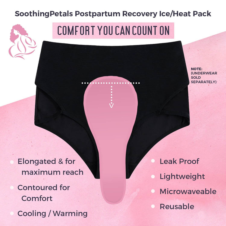 Infographic highlighting the SoothingPetals™ Ice and Heat Pack design, showing its elongated shape for maximum reach, contoured fit for comfort, lightweight feel, and leakproof construction.