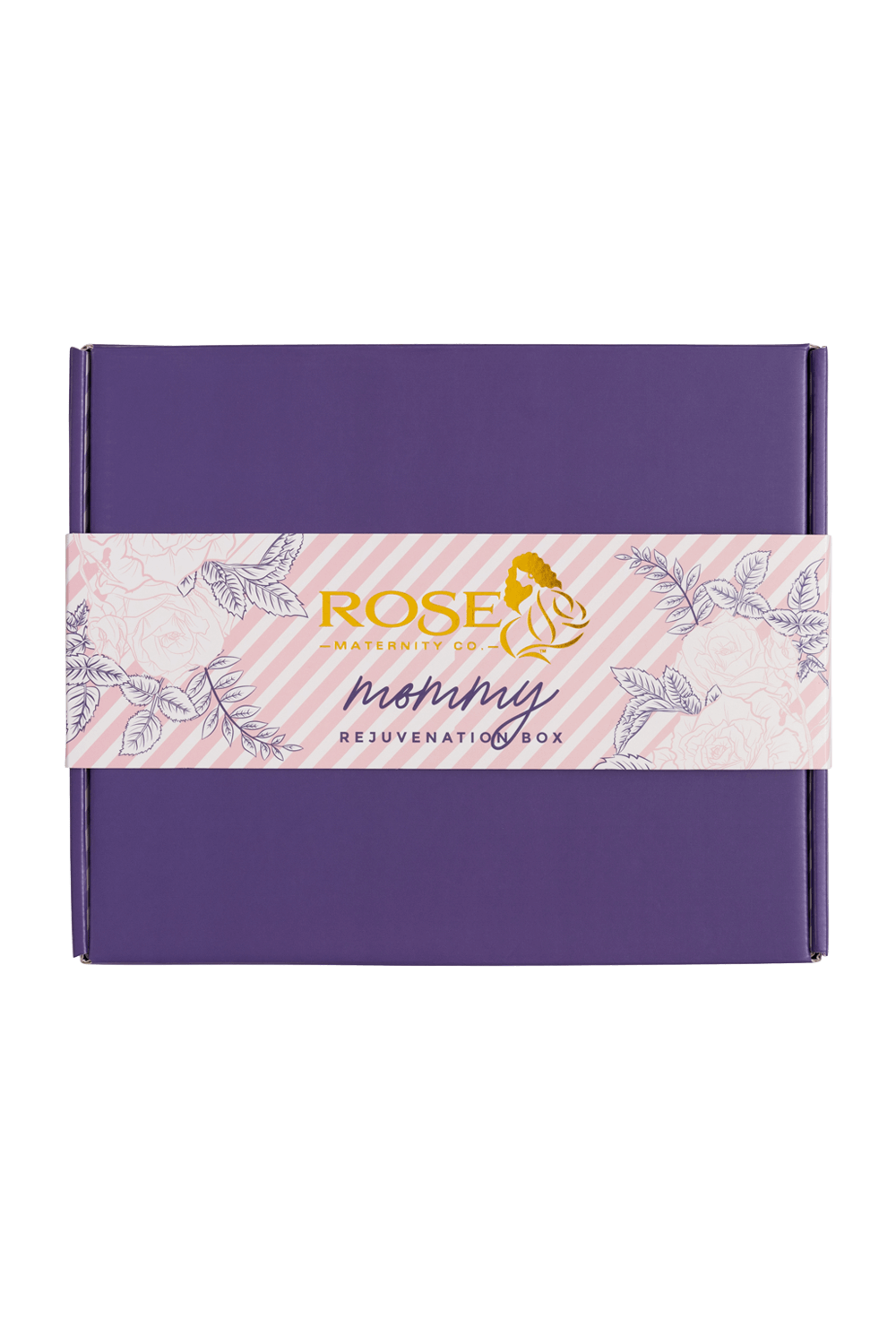 Top down product image of the Mommy Rejuvenation Box packaging by Rose Maternity Co. for postpartum self care.