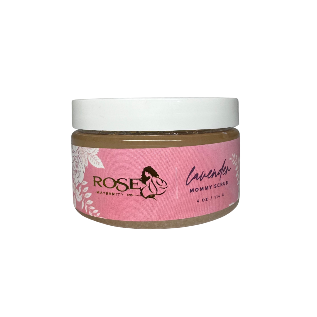 Mommy Scrub sugar scrub in lavender and unscented, made with natural oils for gentle exfoliation and hydration.