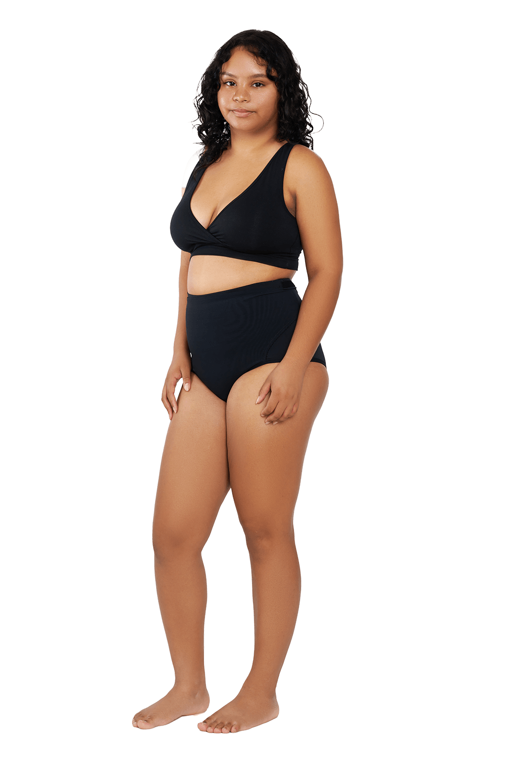 Full body lifestyle image of a woman wearing RoseRelief™ Postpartum Recovery Undergarment by Rose Maternity Co., designed for supportive and comfortable postpartum recovery.