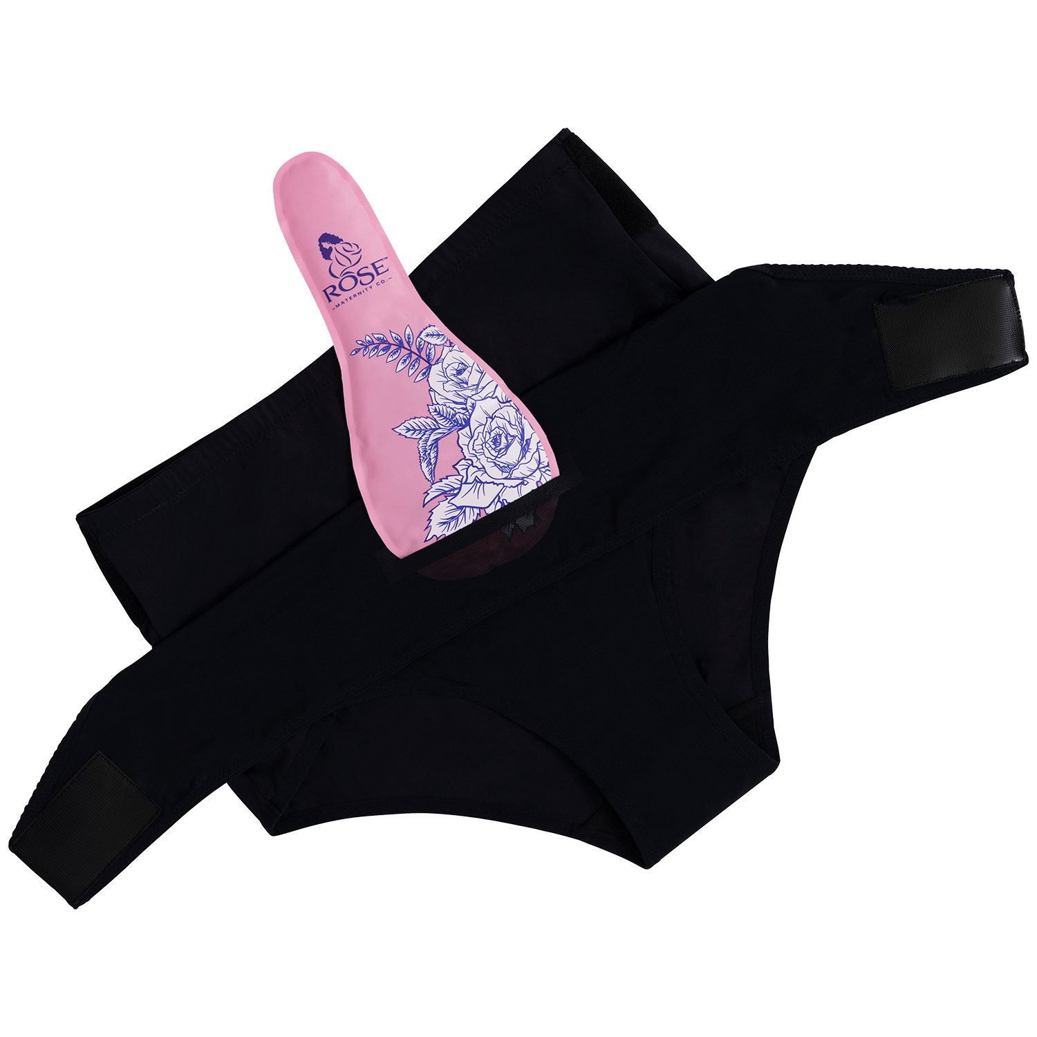 Product image of RoseRelief™ Postpartum Recovery Undergarment showing both sides of the adjustable wrap with the SoothingPetals™ Ice and Heat Pack inserted into the front panel.