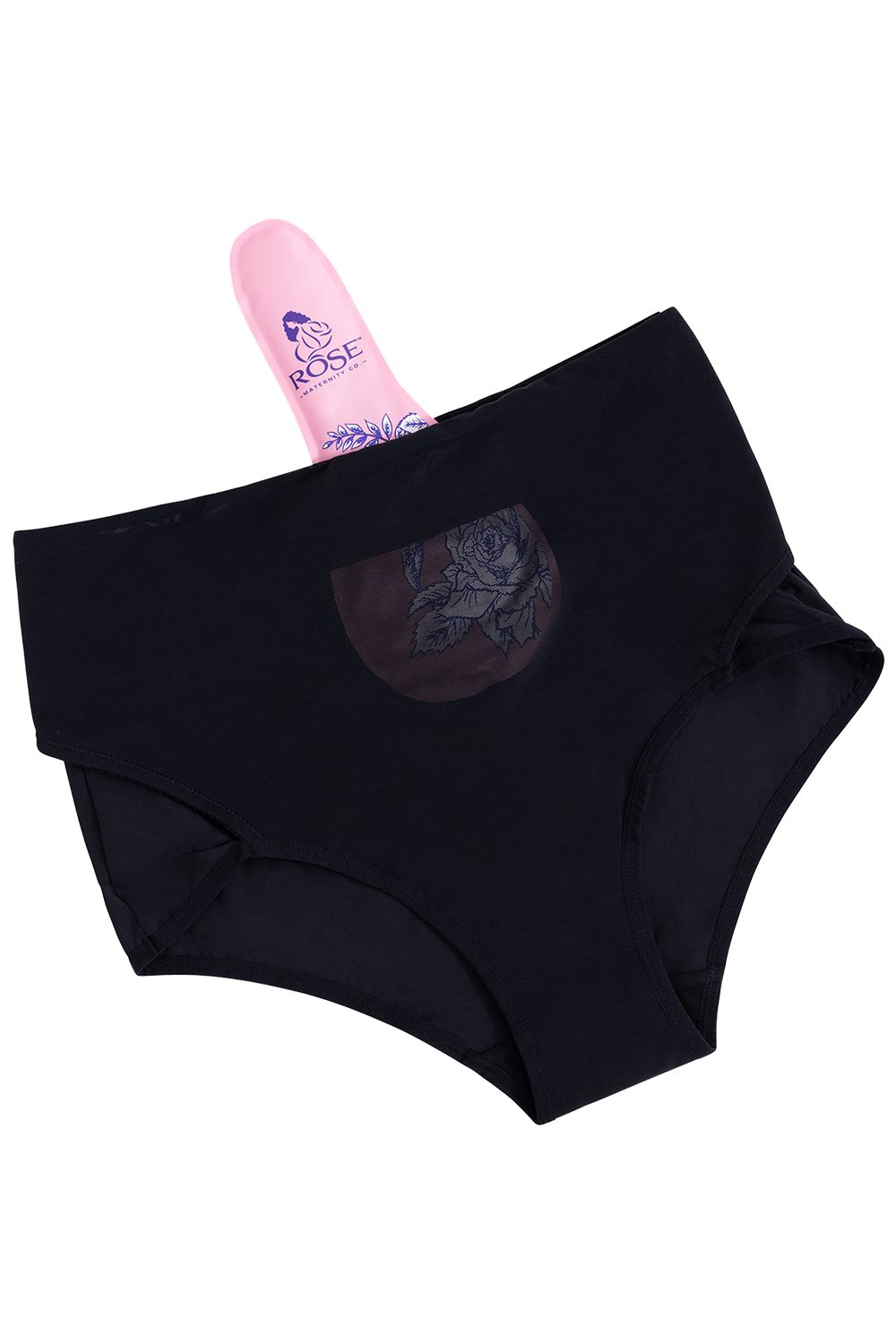 Product image of RoseRelief™ Postpartum Recovery Undergarment with the SoothingPetals™ Ice and Heat Pack inserted into the front panel and the adjustable wrap fastened at the back.