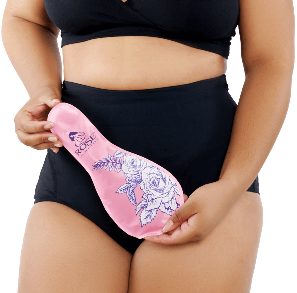 Postpartum mother wearing RoseRelief recovery undergarment